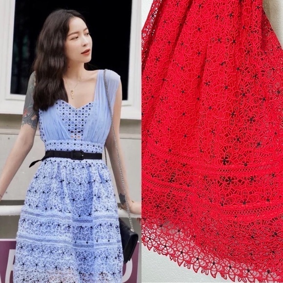 SELF-PORTRAIT Floral Crochet Lace Sweetheart Neck Sleeveless Fit & Flare Dress 4 - Picture 10 of 12